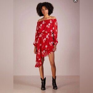 The Kooples Floral Off-The-Shoulder Asymmetric Silk Dress Sz S Bohemian Festival